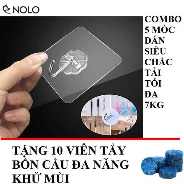 Combo 5 Móc Dán Siêu Chắc Tải Tối Đa 7Kg Tặng 10 Viên Tẩy Bồn Cầu Khử Mùi