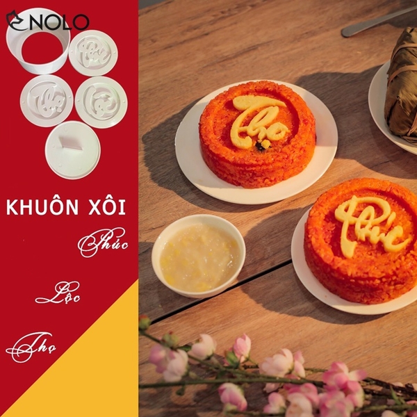 Bộ Khuôn Làm Xôi Bánh Phúc Linh Hình Tròn Chữ Phúc Lộc Thọ Chất Liệu Nhựa PP Đường Kinh 12Cm