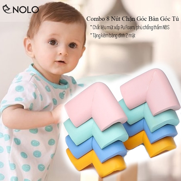 Combo Bộ 8 Nút Chặn Góc Bàn Góc Tủ Chất Liệu Mút Xốp Pu Foam Phủ Chống Thấm NBS Trên Bề Mặt Có Tặng Kèm Băng Keo 2 Mặt Dán Cố Định