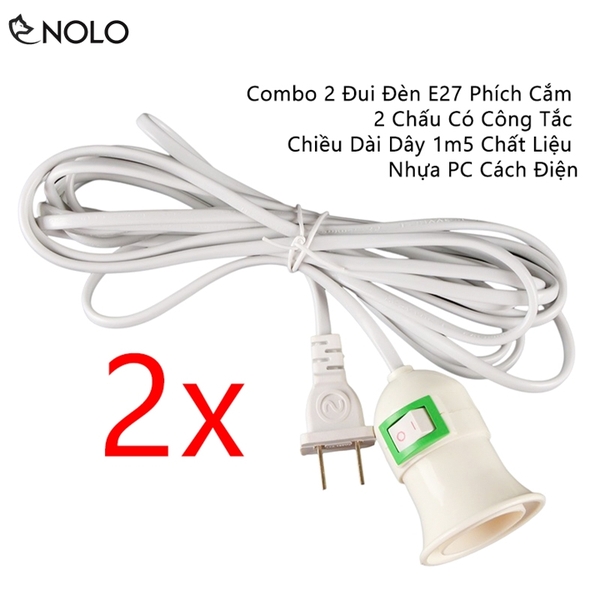 Combo 2 Đui Đèn E27 Phích Cắm 2 Chấu Có Công Tắc Chiều Dài Dây 1m5 Chất Liệu Nhựa PC Cách Điện