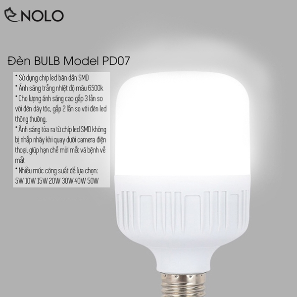 Đèn Bulb PD07 Led Bán Dẫn SMD Hình Trụ Chui E27 Nhiều Công Suất 5W 10W 15W 20W 30W 40W 50W Ánh Sáng Trắng 6500K Chất Liệu Vỏ Ngoài Nhựa PC