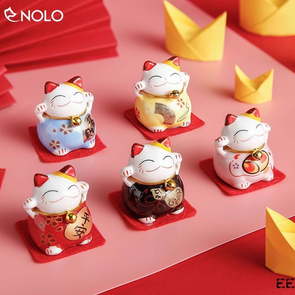 Bộ 5 Tượng Mèo May Mắn Neko Mini Để Bàn Để Xe Hơi Chiều Cao 4cm Chất Liệu Sứ Phủ Men Sáng Bóng
