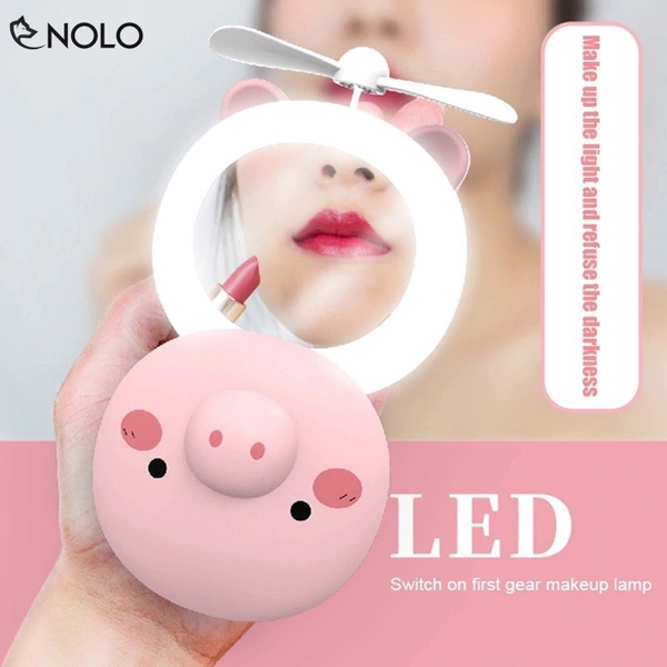 Quạt Mini Cầm Tay Pin Sạc Gấu Heo 3in1 Quạt Gương Đèn