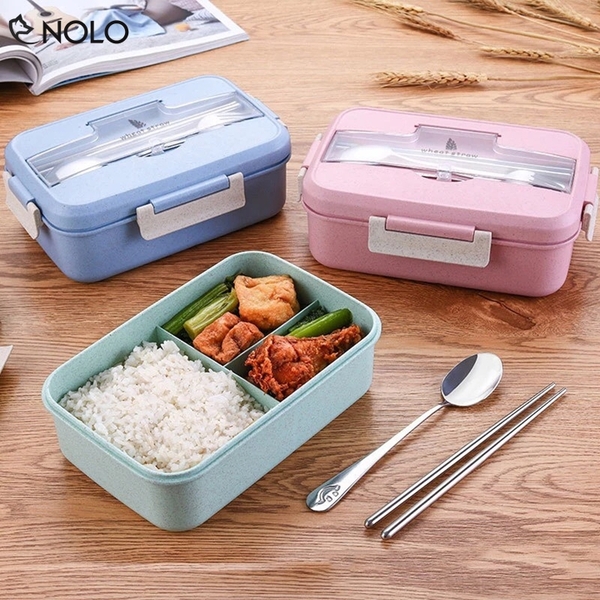 Hộp Cơm Giữ Nhiệt Chống Tràn Bento Dung Tích 1000ml Có 3 Ngăn Kèm Đũa Muỗng Chất Liệu Nhựa PP Lúa Mạch Có Thể Dùng Cho Lò Vi Sóng