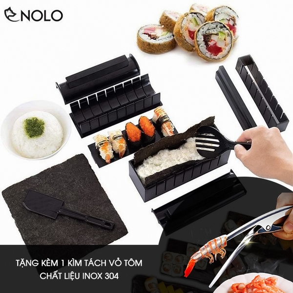 Bộ Dụng Cụ Khuôn Làm Sushi Cơm Cuộn Kimbap 10 Món Chất Liệu Nhựa PP Tặng Kèm Kìm Tách Vỏ Tôm Inox