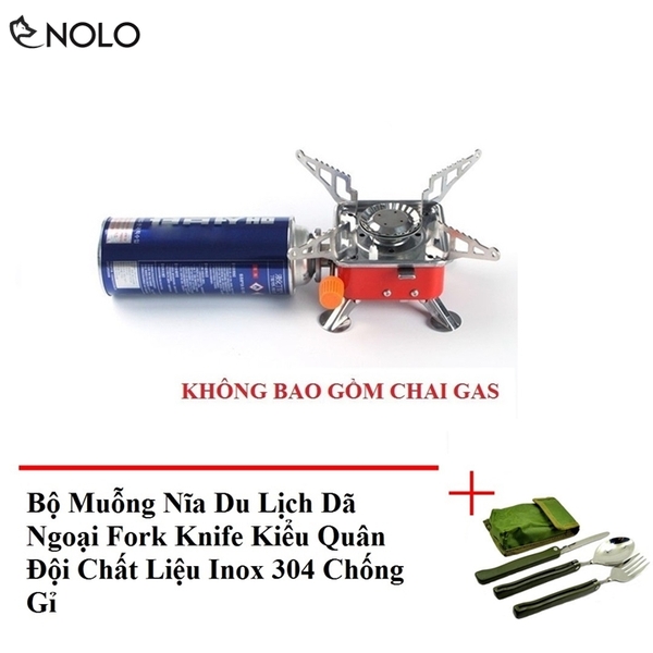 Bếp Gas Du Lịch Dã Ngoại Mini Xếp Gọn Có Túi Tặng 1 Bộ Muỗng Nĩa Du Lịch