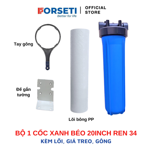 Bộ cốc lọc xanh BÉO 20inch lọc đầu nguồn gồm giá, lõi, gông mở cốc lọc