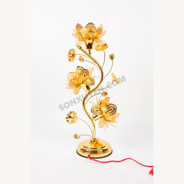 Đèn sen 5 bông đỏ cánh nhựa thân hợp kim mạ vàng C 75