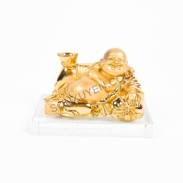Phật di lặc mạ vàng cầm thoi vàng có túi càn khôn kệ kính C 8, R 12