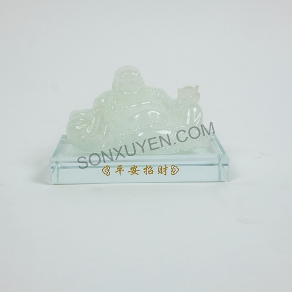 Phật di lặc ngọc trắng kệ kính C 8 cm R 12 cm