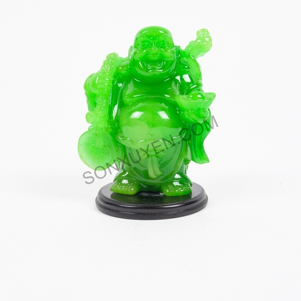 Phật di lặc ngọc xanh đứng cầm thoi vàng và có đồng tiền C 9, R7,5