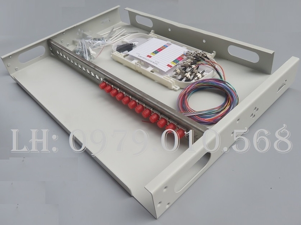 Hộp phối quang ODF 12Fo lắp tủ rack 19″ khay cố định dùng trong nhà FULL phụ kiện