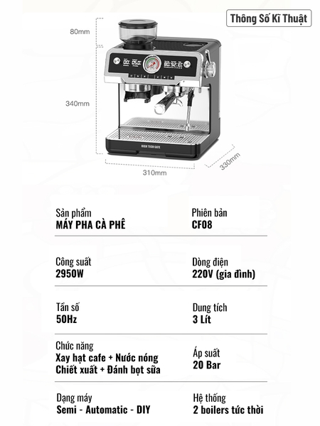 Bộ máy pha cà phê CF08 xay hạt cà phê, lấy nước nóng, đánh bọt sữa độc lập, toàn diện DIY chức năng