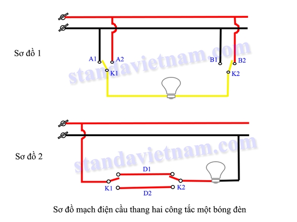 Hướng dẫn lắp mạch điện cầu thang 2 công tắc