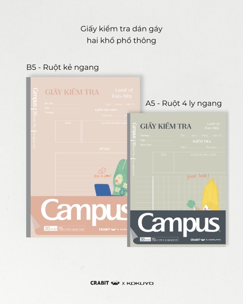 Vở giấy kiểm tra 4 ly ngang A5 đóng quyển 30 tờ đôi Crabit x Kokuyo Land of Too-Shy 2 - Bananeet