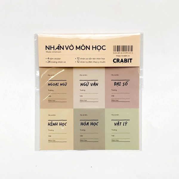 Nhãn vở in sẵn tên môn học Crabit 24 nhãn dán 12 môn - Tag Vàng