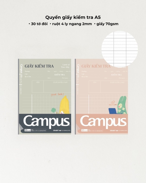 Vở giấy kiểm tra 4 ly ngang A5 đóng quyển 30 tờ đôi Crabit x Kokuyo Land of Too-Shy 2 - Thỏ
