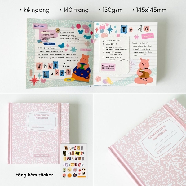 Sổ kẻ ngang khổ vuông 140 trang 130gsm tặng kèm sticker Composition Collection - Hồng Berries