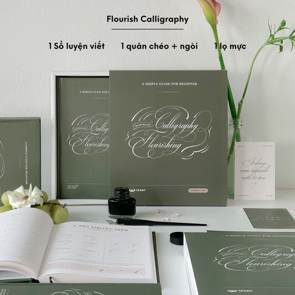 Bộ sách luyện viết Flourish Calligraphy kèm bộ quản ngòi và mực chuyên dụng