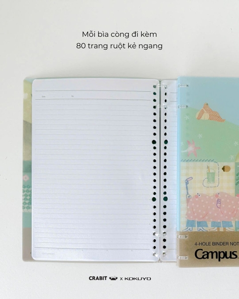 Sổ còng 4 lỗ kẻ ngang B5 80 trang Crabit x Kokuyo Land of Too-shy 2 - Too-shy Picnic