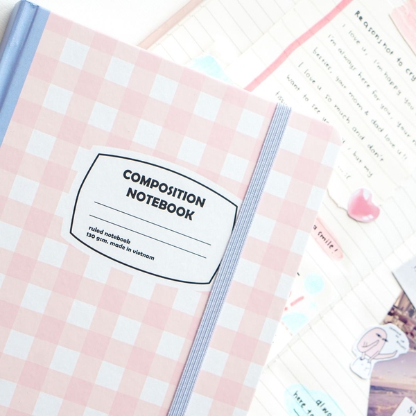 Sổ tay A5 kẻ ngang 130gsm Composition Gingham (Tặng kèm sticker) - Caro hồng