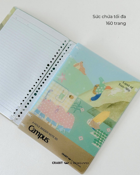 Sổ còng 4 lỗ kẻ ngang A5 80 trang Crabit x Kokuyo Land of Too-shy 2 - Too-shy Picnic