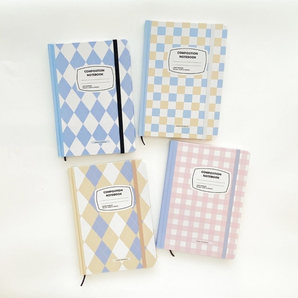 Sổ tay A5 kẻ ngang 130gsm Composition Gingham (Tặng kèm sticker) - Caro hồng