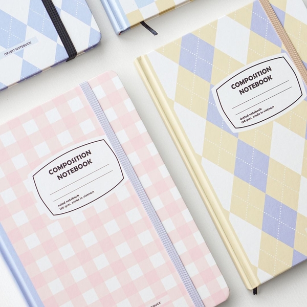 Sổ tay A5 kẻ ngang 130gsm Composition Gingham (Tặng kèm sticker) - Caro hồng