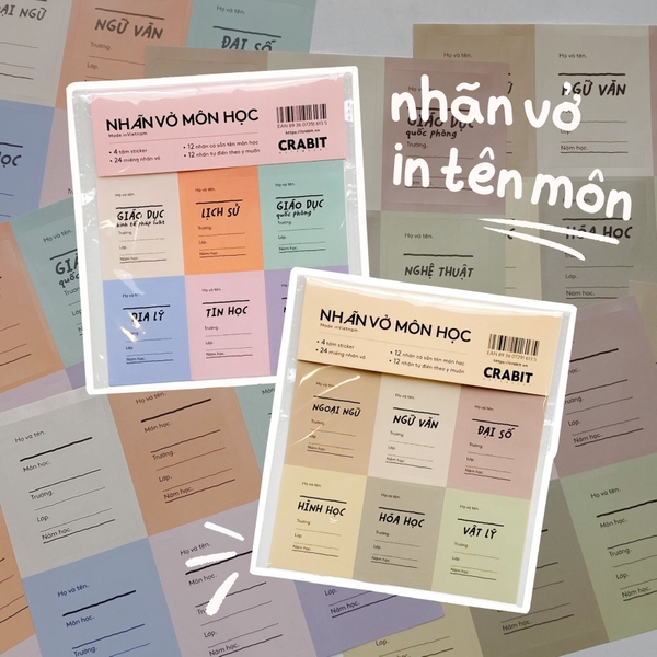 Nhãn vở in sẵn tên môn học Crabit 24 nhãn dán 12 môn - Tag Vàng