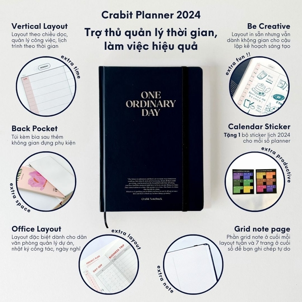 Sổ lịch 2024 planner lập kế hoạch 12 tháng Crabit One Ordinary Day - Pink Pastel [Tặng kèm Sticker Calendar]