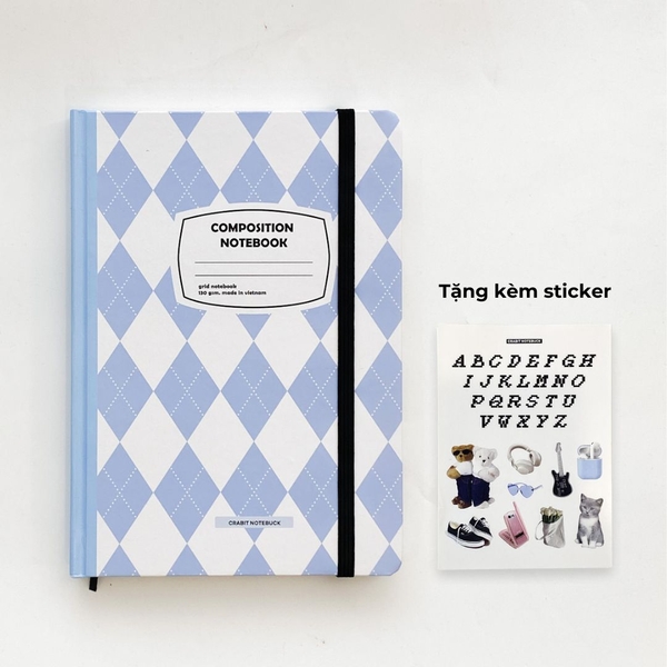 Sổ tay A5 grid 130gsm Composition Gingham (Tặng kèm sticker) - Quả trám xanh biển
