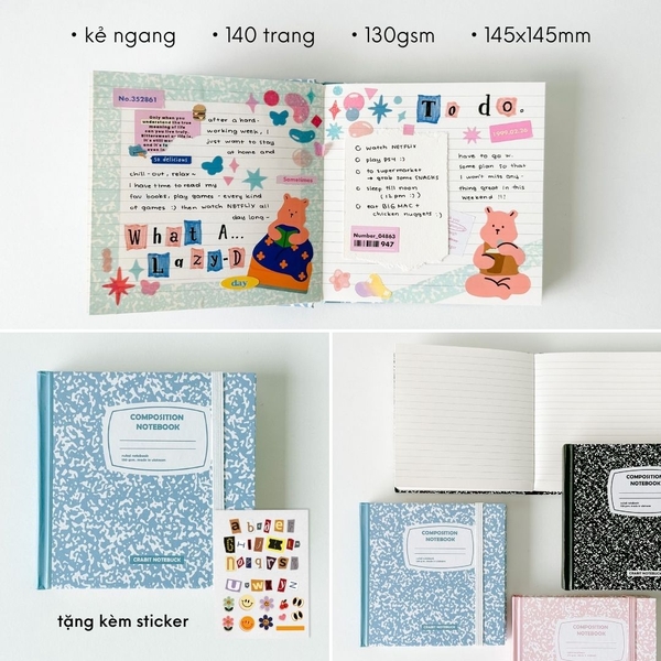 Sổ kẻ ngang khổ vuông 140 trang 130gsm tặng kèm sticker Composition Collection - Xanh Grape