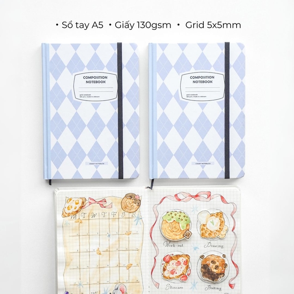 Sổ tay A5 grid 130gsm Composition Gingham (Tặng kèm sticker) - Quả trám xanh biển
