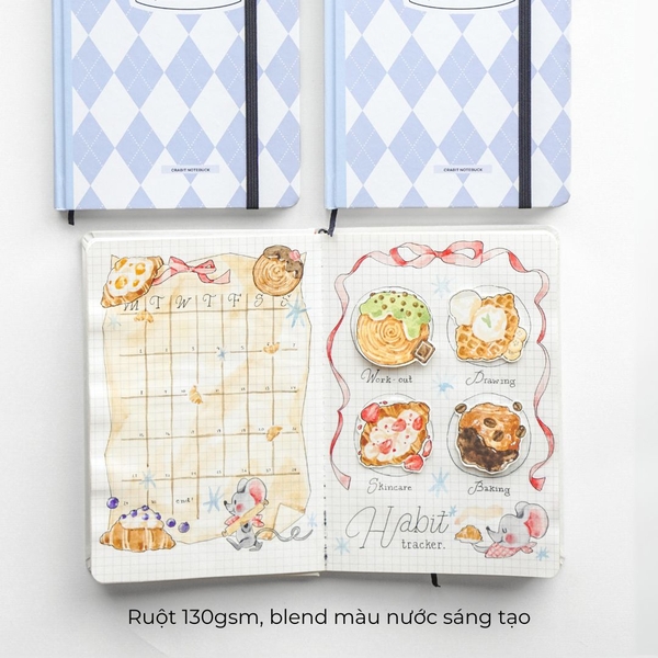 Sổ tay A5 grid 130gsm Composition Gingham (Tặng kèm sticker) - Quả trám xanh biển