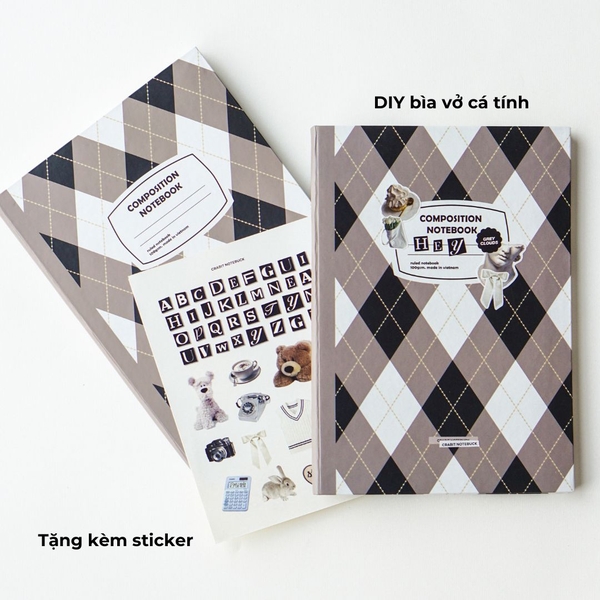 Vở kẻ ngang 140 trang 100gsm Composition Gingham (tặng kèm sticker) - Quả trám nâu