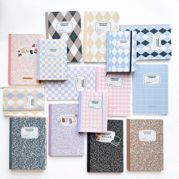 Sổ tay A5 grid 130gsm Composition Gingham (Tặng kèm sticker) - Quả trám xanh biển