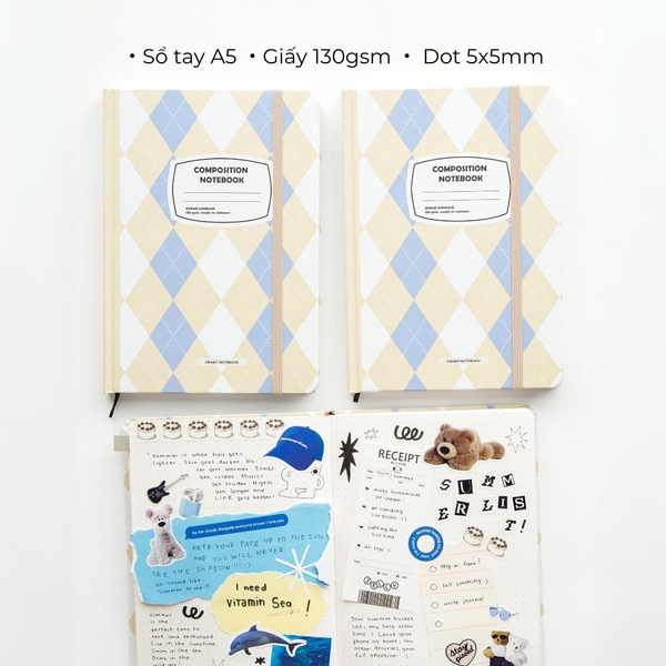 Sổ tay A5 dot 130gsm Composition Gingham (Tặng kèm sticker) - Quả trám xanh be