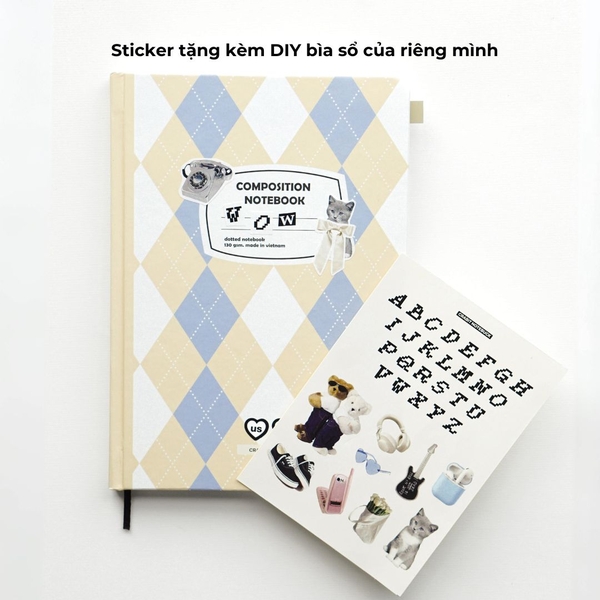 Sổ tay A5 dot 130gsm Composition Gingham (Tặng kèm sticker) - Quả trám xanh be