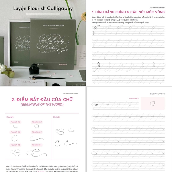 Bộ sách luyện viết Flourish Calligraphy kèm bộ quản ngòi và mực chuyên dụng