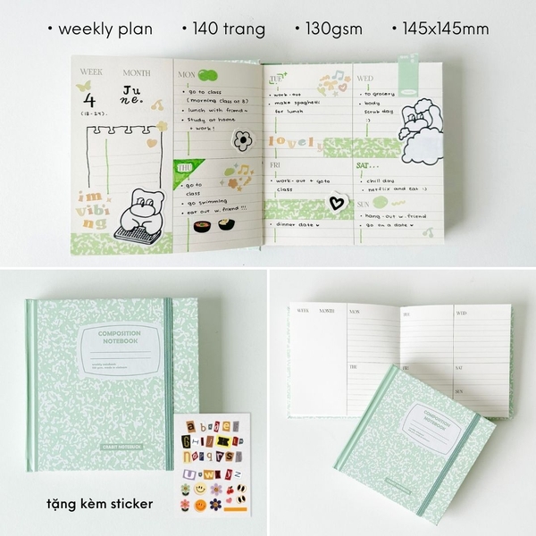 Sổ weekly plan khổ vuông 144 trang 130gsm tặng kèm sticker Composition Collection - Xanh Mint