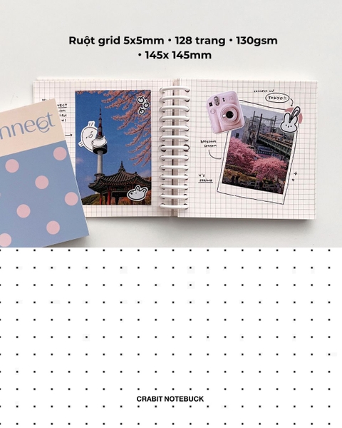 Sổ còng grid khổ vuông 128 trang 130gsm Chấm bi - Xanh Hồng