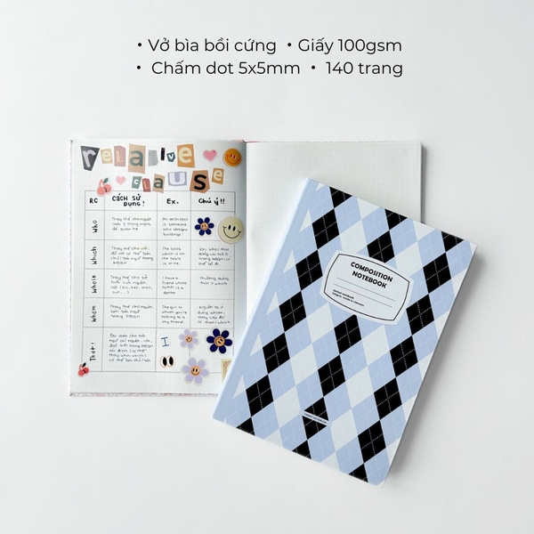 Vở dot 140 trang 100gsm Composition Gingham (tặng kèm sticker) - Quả trám xanh