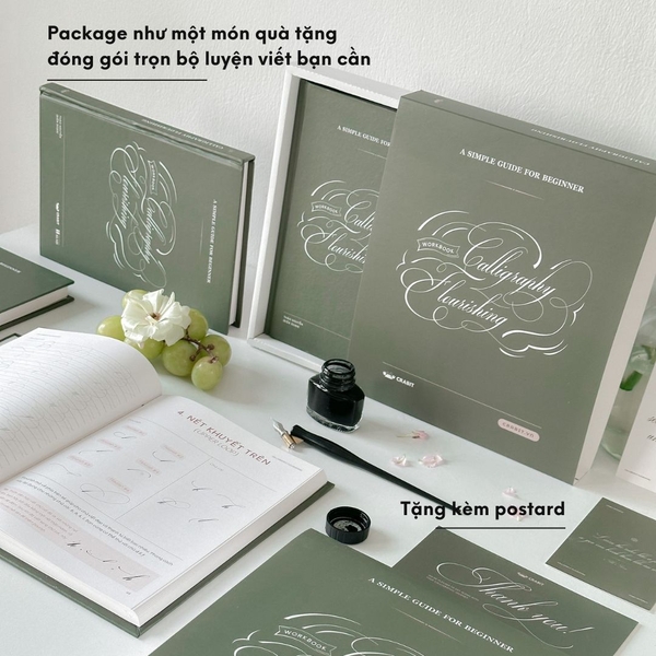 Bộ sách luyện viết Flourish Calligraphy kèm bộ quản ngòi và mực chuyên dụng