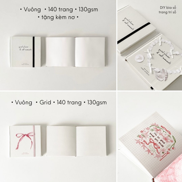 Sổ trơn khổ vuông Ribbon Collection Quote Trắng (Tặng kèm nơ)