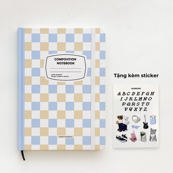 Sổ tay A5 kẻ ngang 130gsm Composition Gingham (Tặng kèm sticker) - Caro xanh be