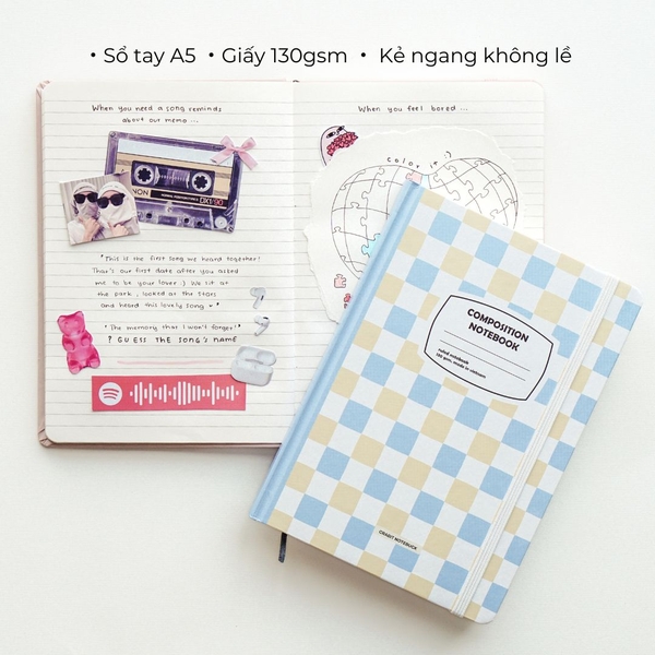 Sổ tay A5 kẻ ngang 130gsm Composition Gingham (Tặng kèm sticker) - Caro xanh be