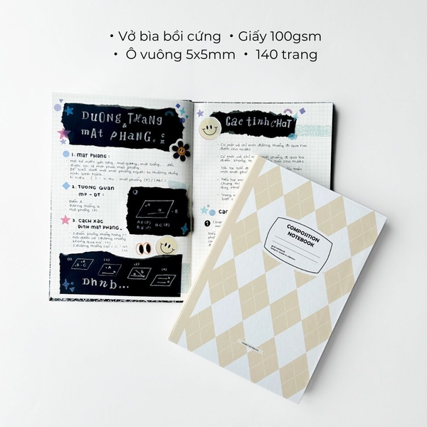 Vở grid 140 trang 100gsm Composition Gingham (tặng kèm sticker) - Quả trám be