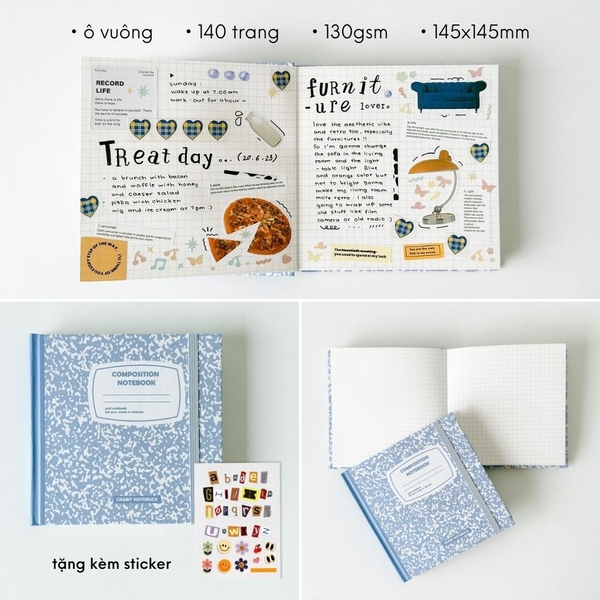 Sổ grid khổ vuông 140 trang 130gsm tặng kèm sticker Composition Collection - Tím Blueberries