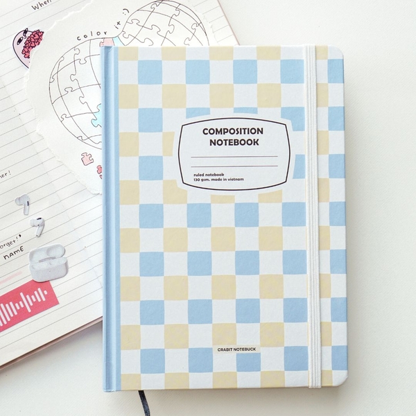 Sổ tay A5 kẻ ngang 130gsm Composition Gingham (Tặng kèm sticker) - Caro xanh be
