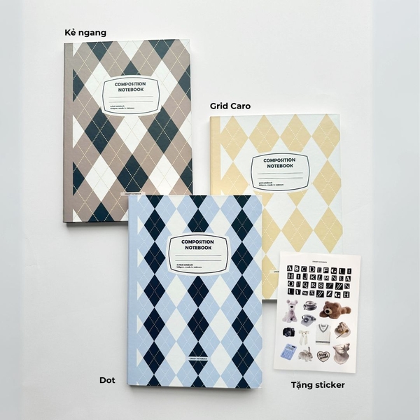 Vở grid 140 trang 100gsm Composition Gingham (tặng kèm sticker) - Quả trám be